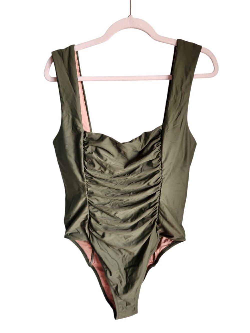 J Crew Swimsuit Green 16 Women's Ruched Squareneck One Piece Bathing Suit NEW